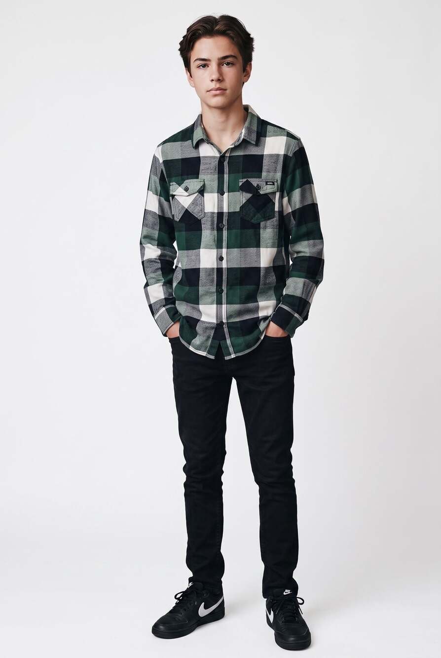 Vans Green Black White Plaid Long Sleeve Button-Up Flannel Shirt Slim Fit Small